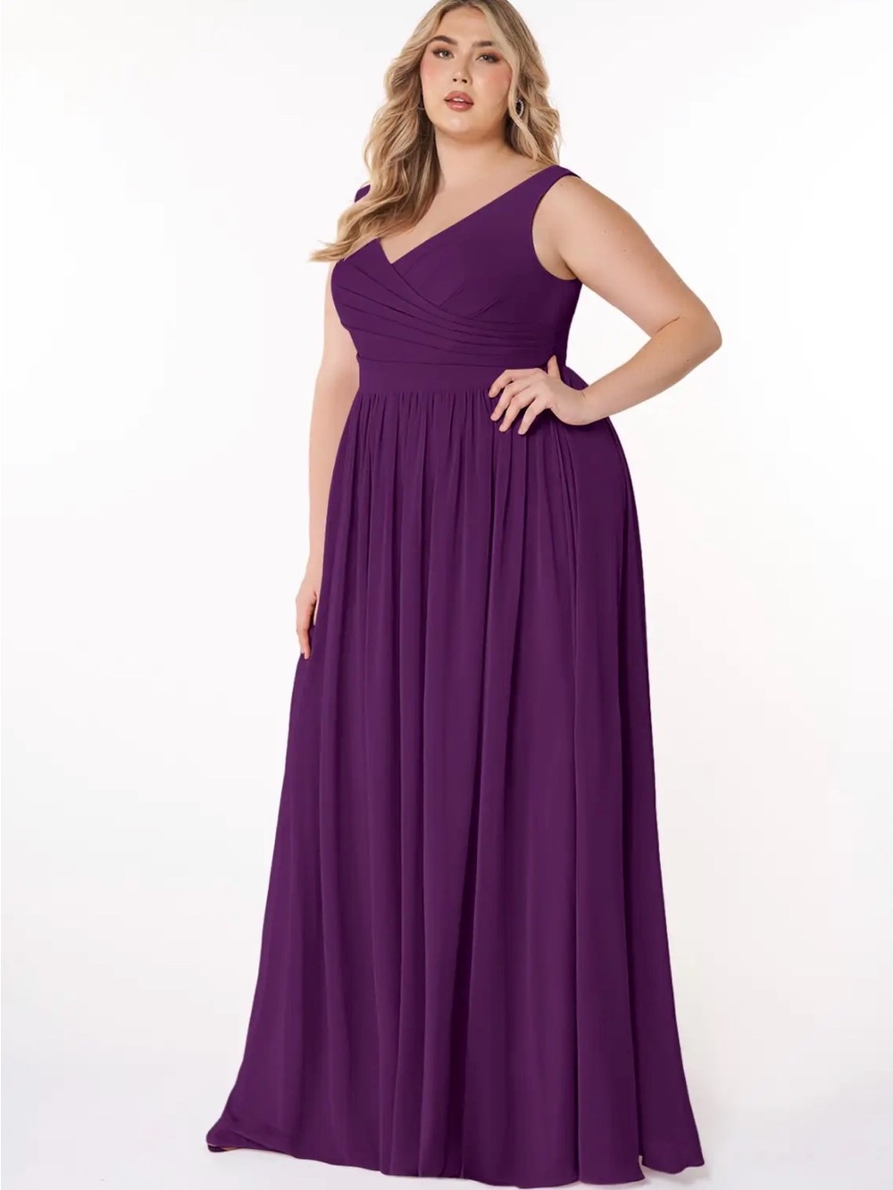 Azazie Keyla Grape A-Line V-Neck Pleated Chiffon Dress A16
